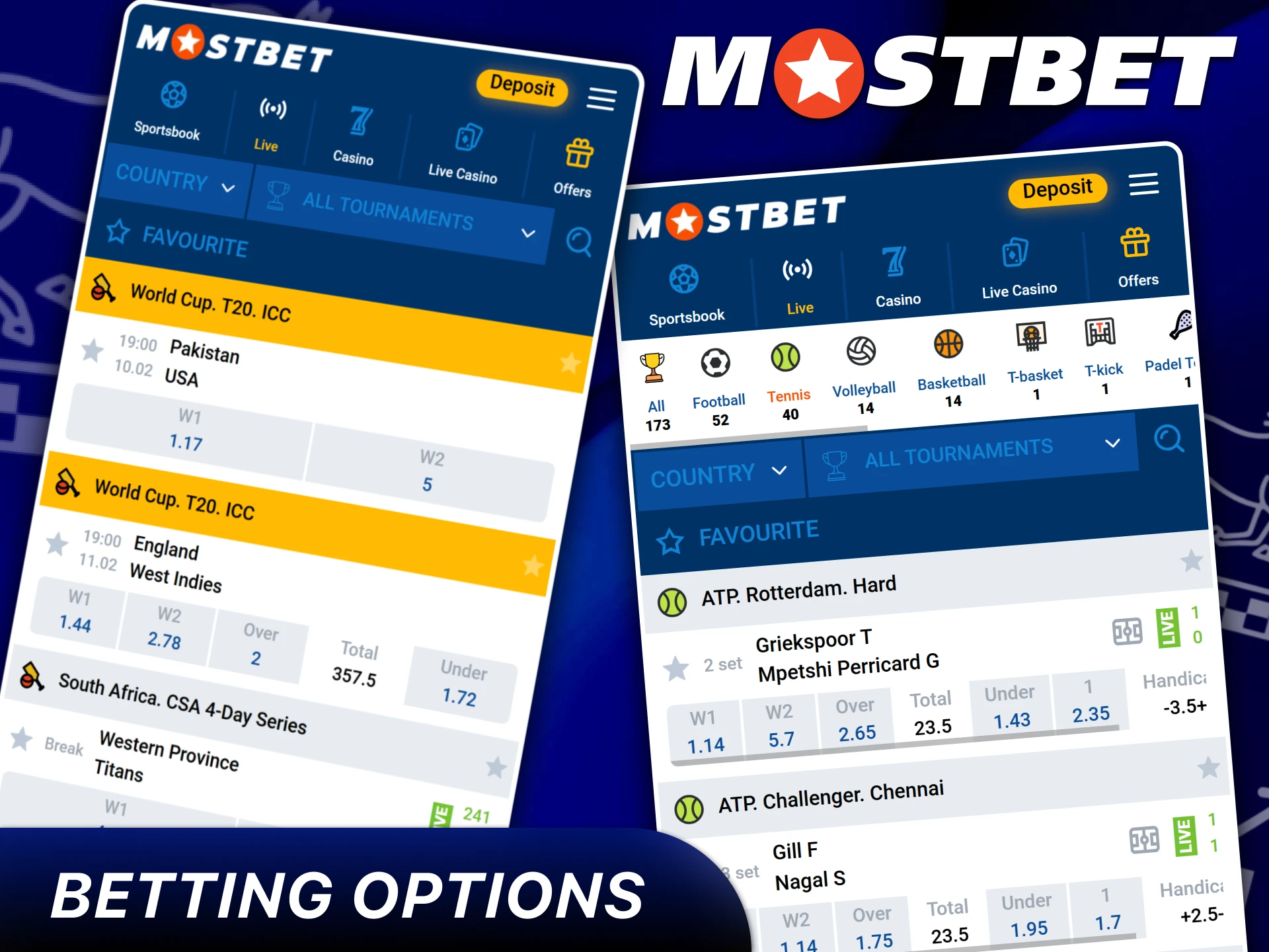 View all Betting Options available in the Mostbet App.