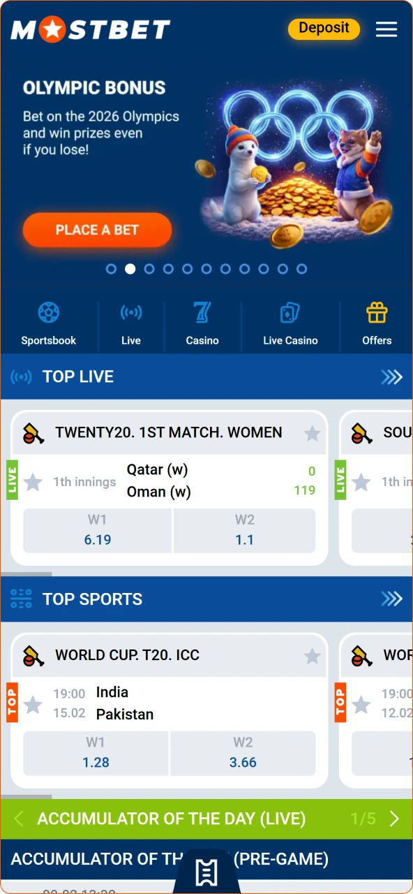 View the Mostbet homepage with top events now.