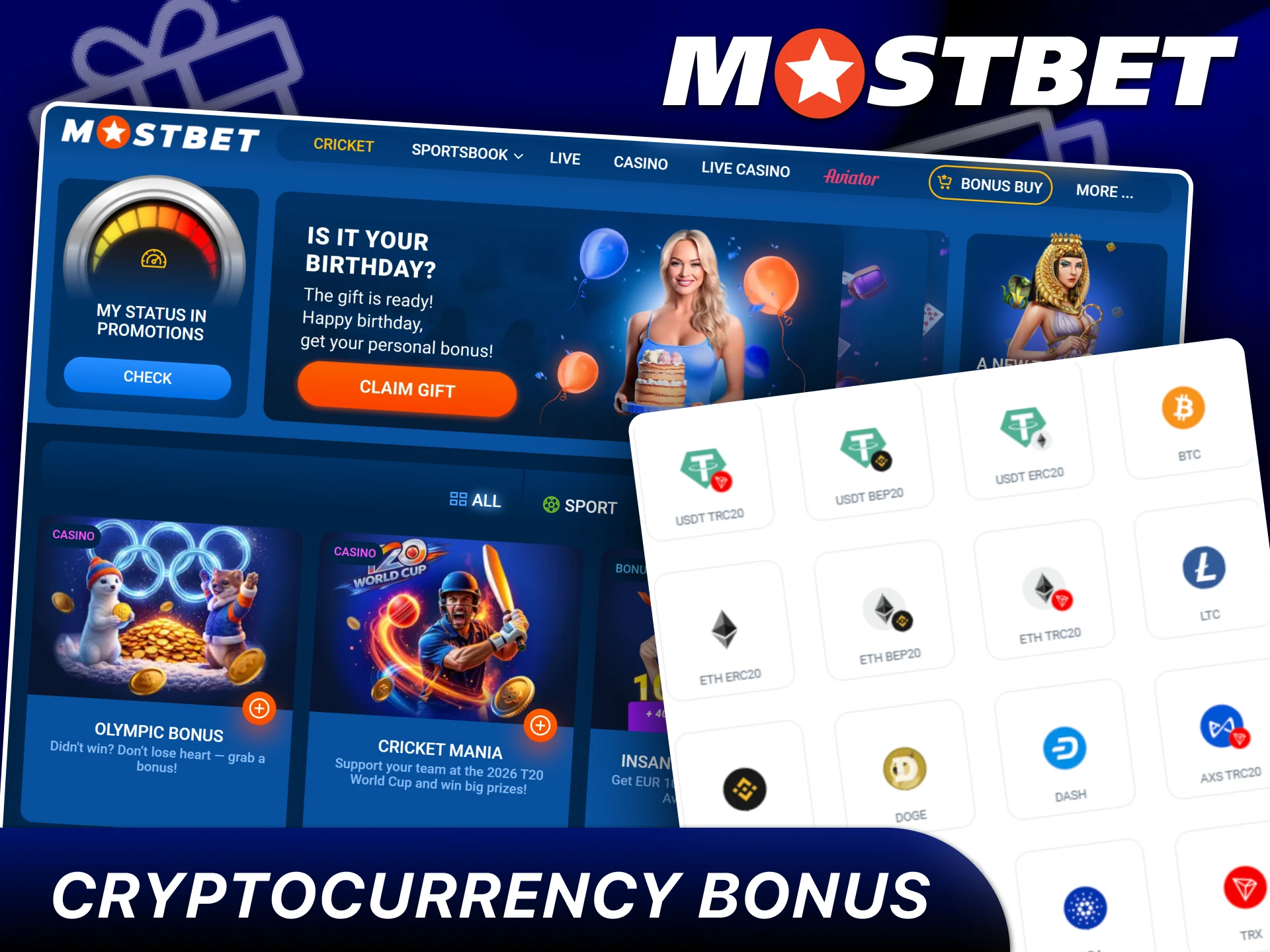 Free spins rewards for players making deposits with cryptocurrency on Mostbet.