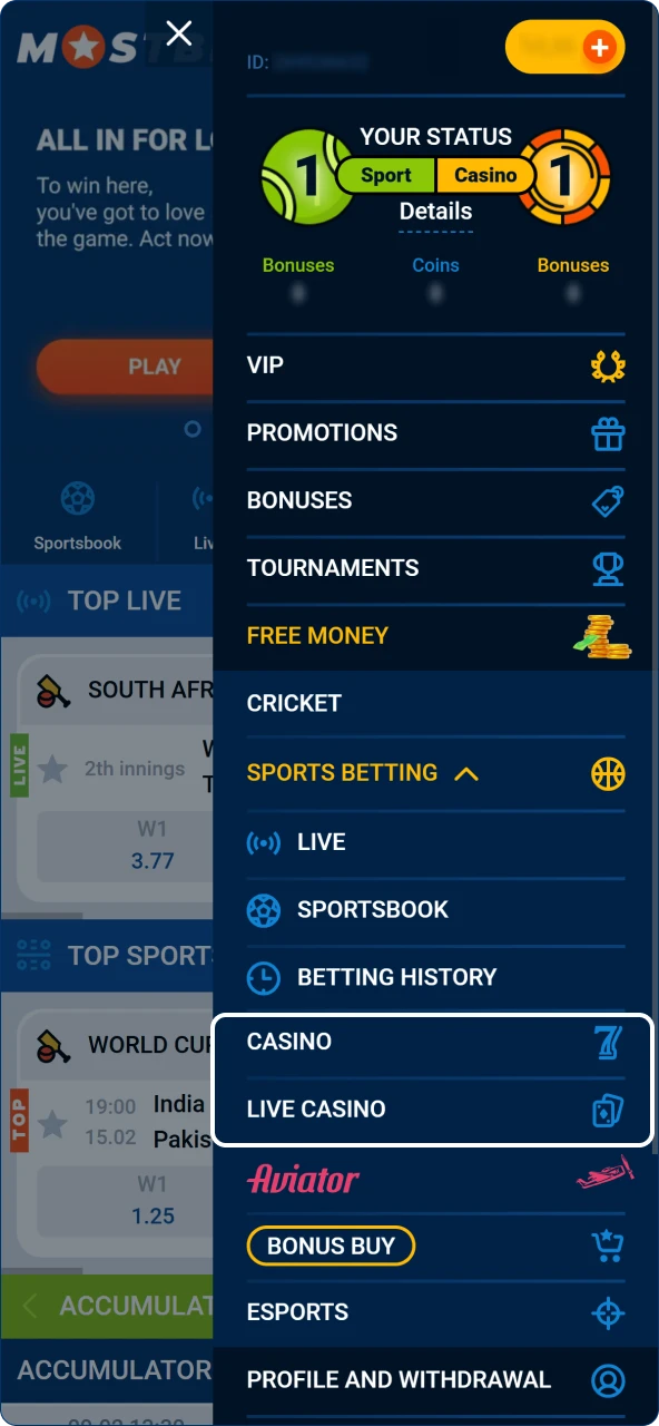 Navigation to the extensive online casino gaming section on the Mostbet website.