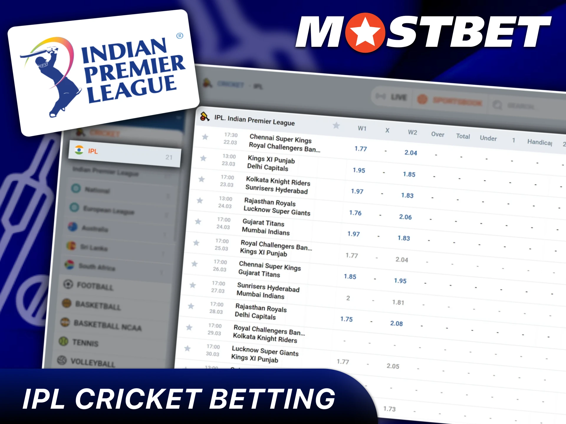 Cricket betting section of the site, betting on the Indian Premier League.