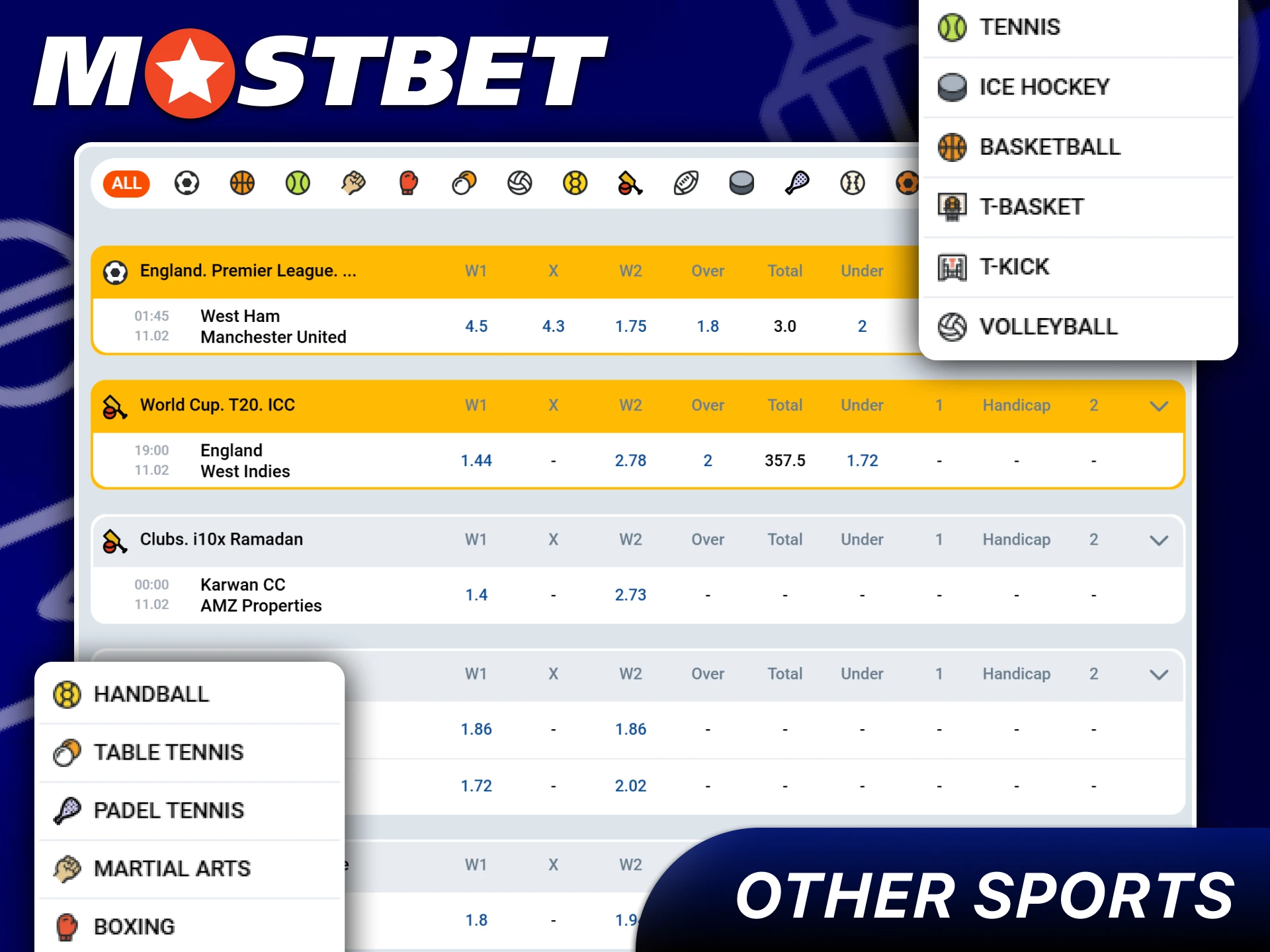 A wide range of betting markets for various sports disciplines available on Mostbet.