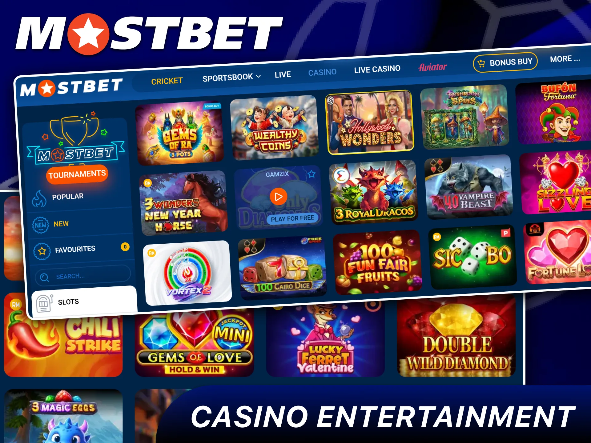 Casino games section, the top most popular games among users.