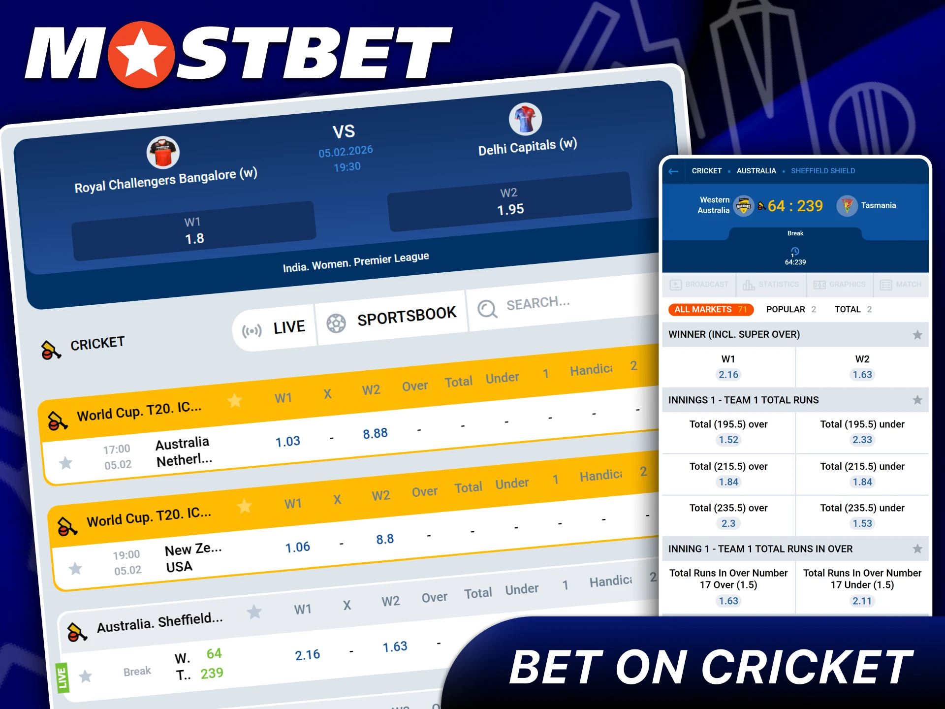 Bet on Cricket Matches with great odds at Mostbet.