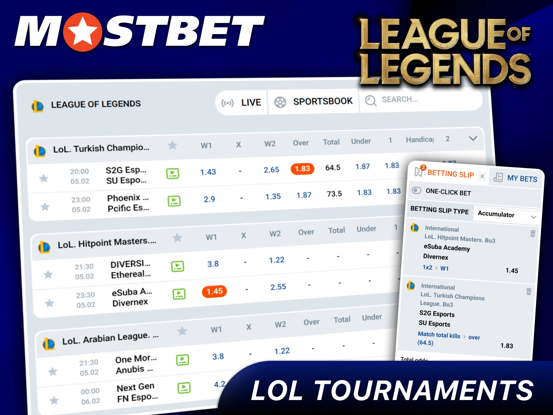 Bet on LoL Tournaments with live streams at Mostbet.