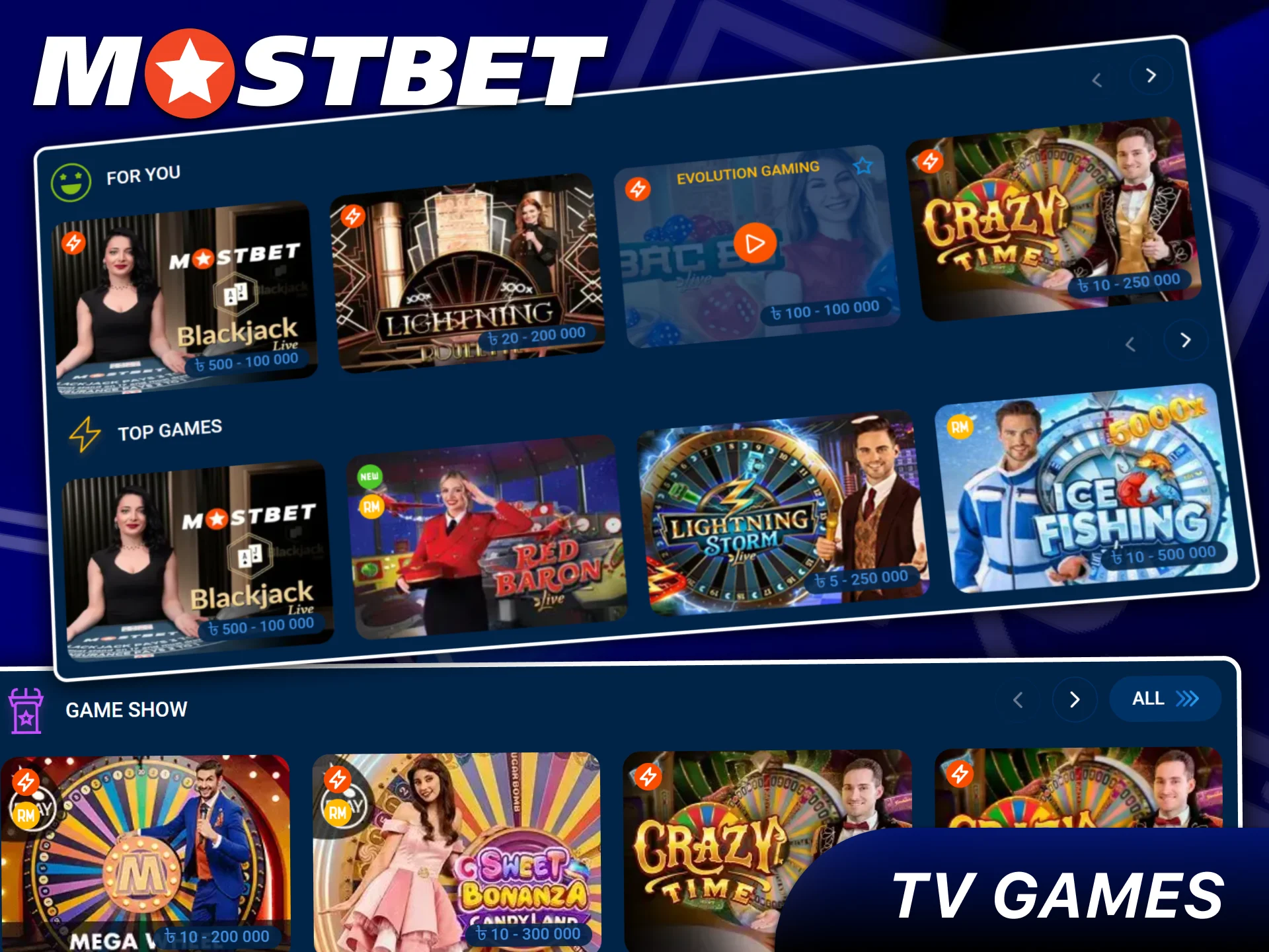 Real time TV games hosted by live dealers at Mostbet.