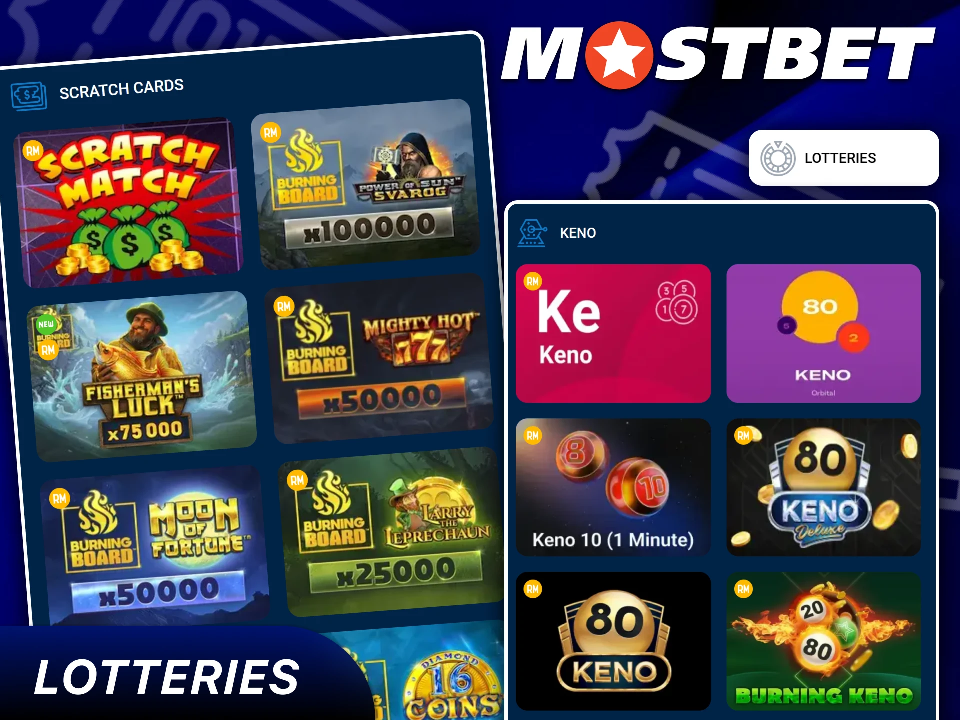 Quick draw lottery games and instant win cards at Mostbet.