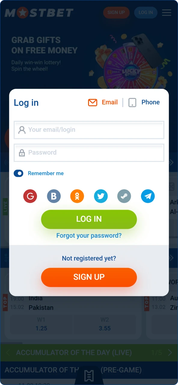 Signing in to a personal account to begin the Mostbet deposit process.