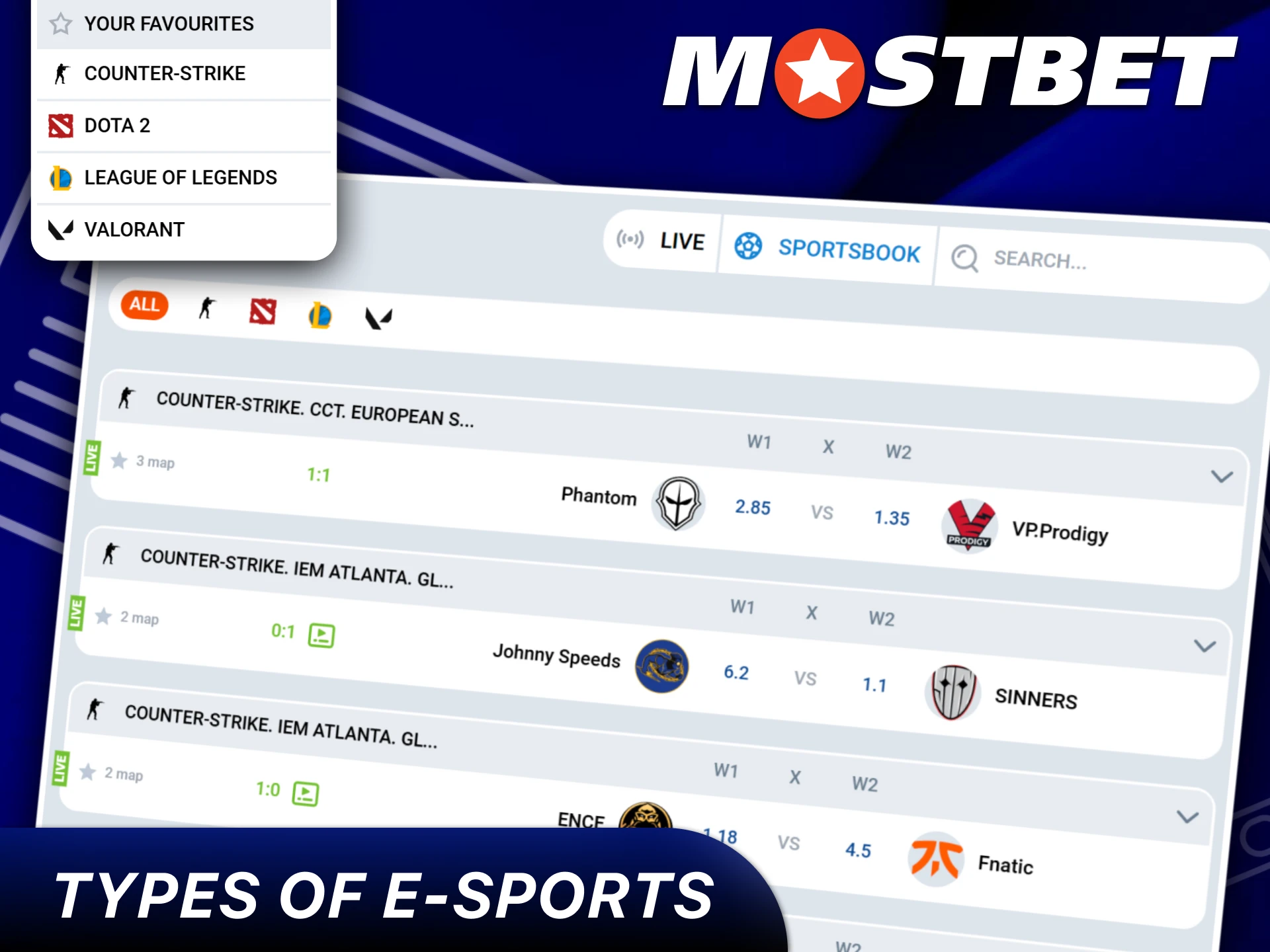 The dedicated section for eSports and virtual sports betting on Mostbet.