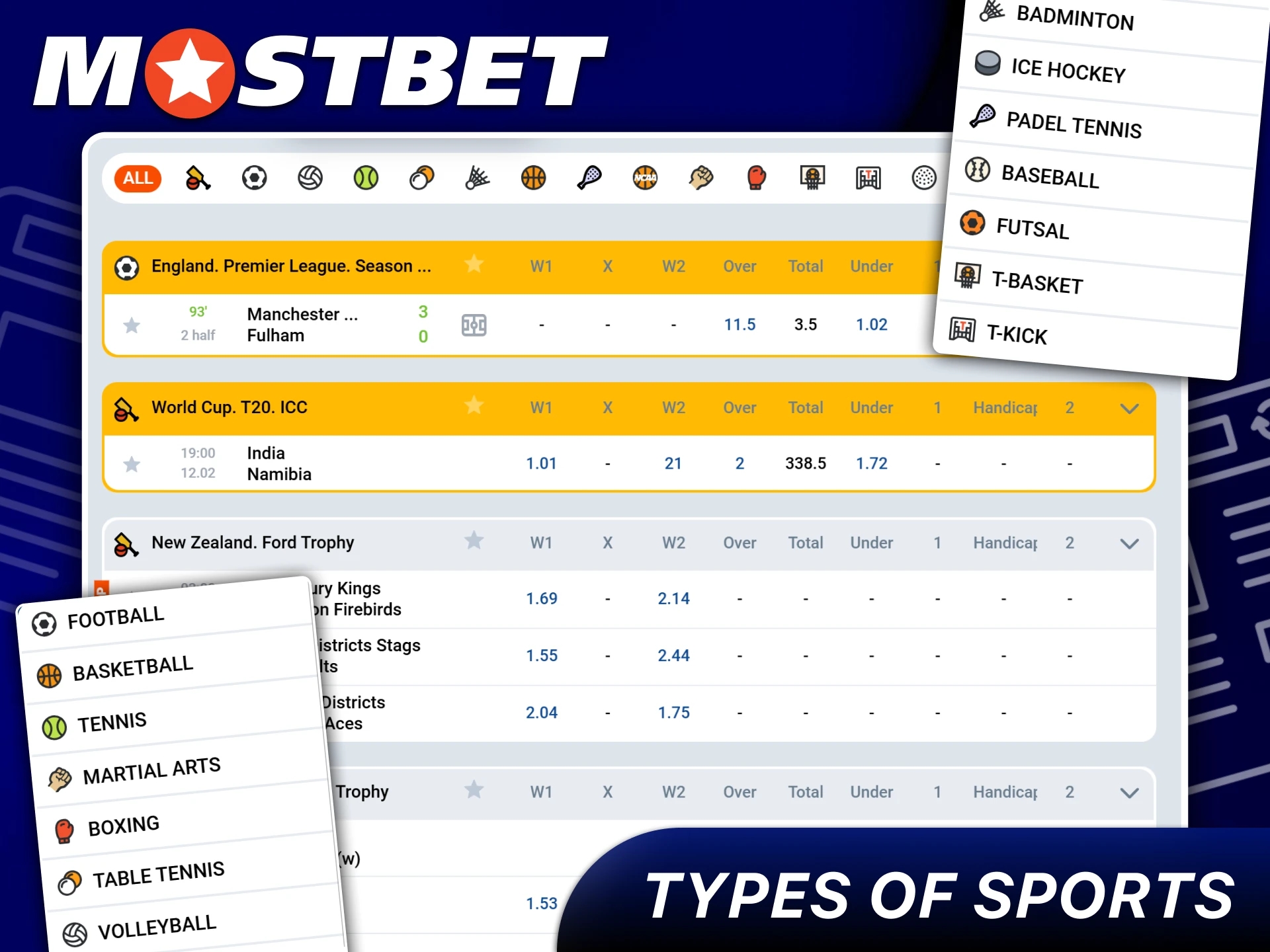 A diverse selection of sporting disciplines available for wagering on the Mostbet platform.