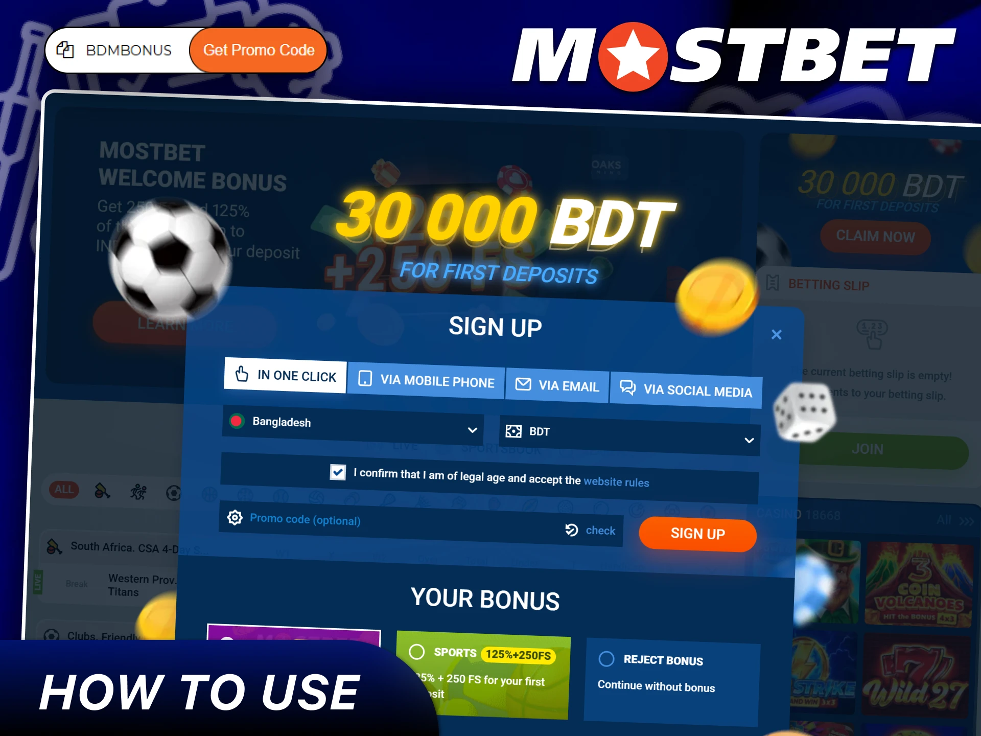 Registration form for the first bonus, box to insert a promo code, check promo code.