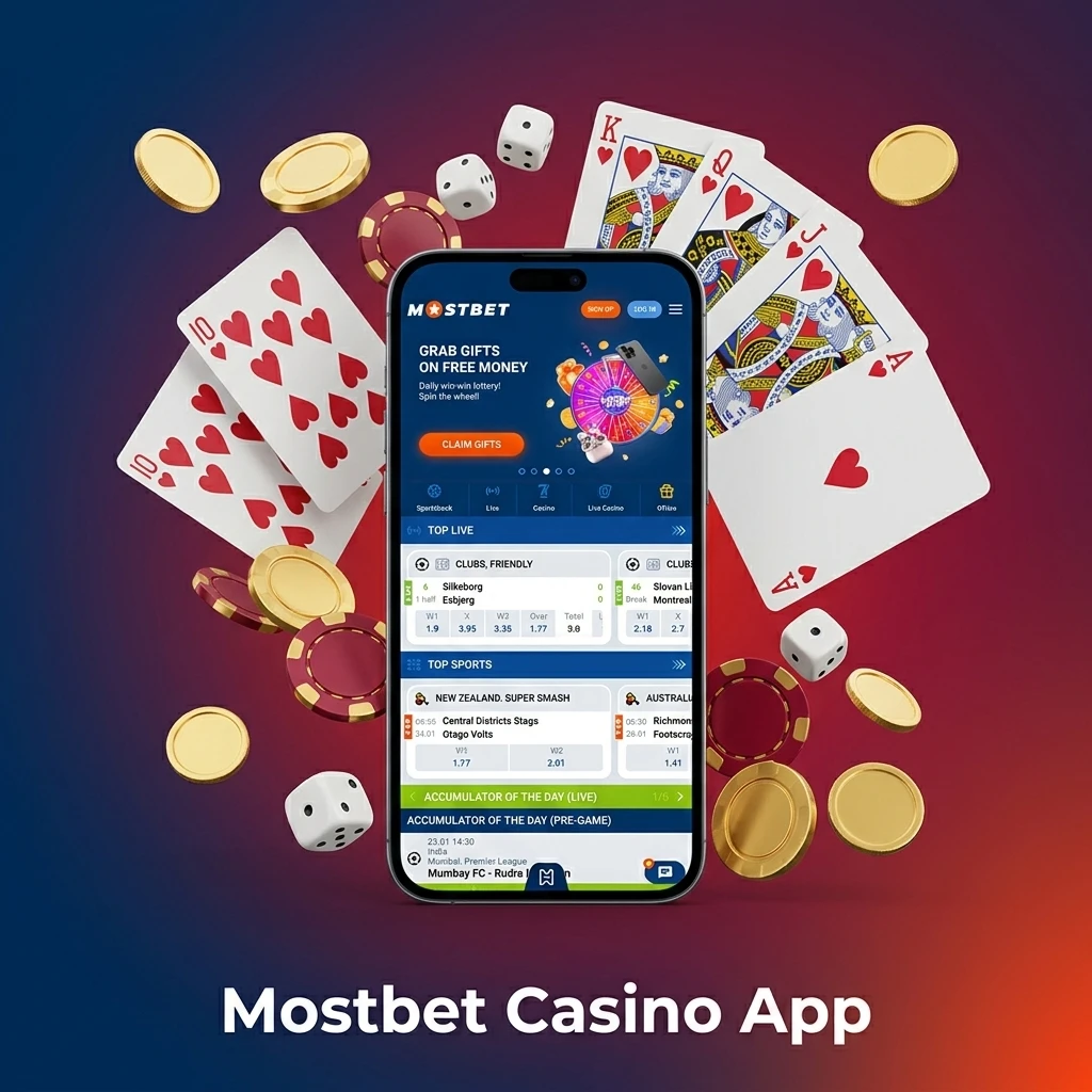 Mostbet casino app showing slots, live dealer games, roulette, blackjack, and baccarat with promotions and free spins