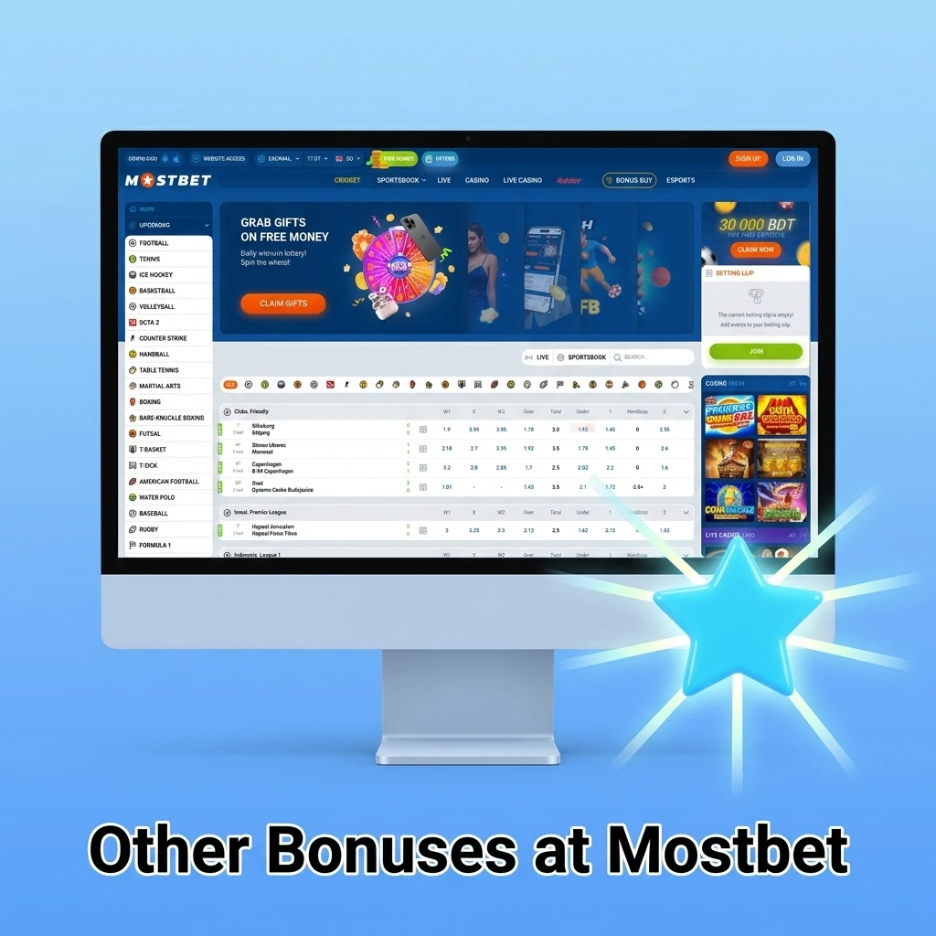 Mostbet bonuses including reload, free spins, cashback, sports welcome offer, and loyalty programme rewards for players